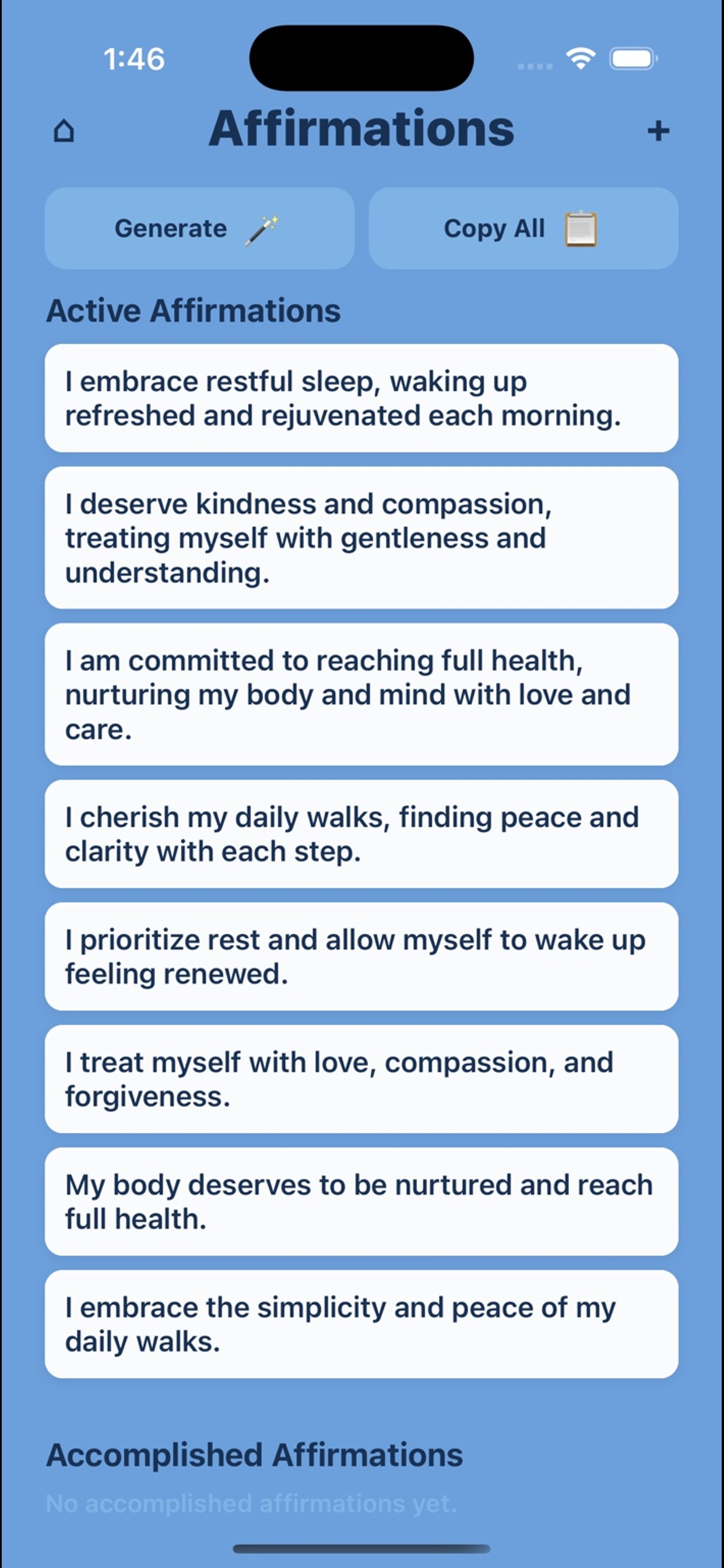 Affirmations screen with examples tailored to goals.
