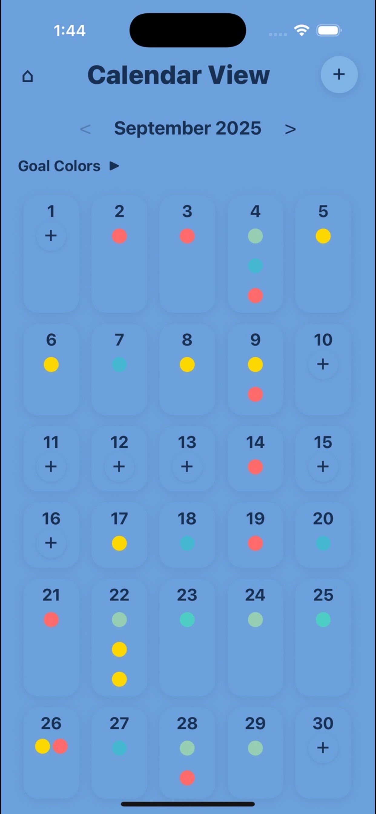 Calendar view highlighting days with logged wins and milestones.