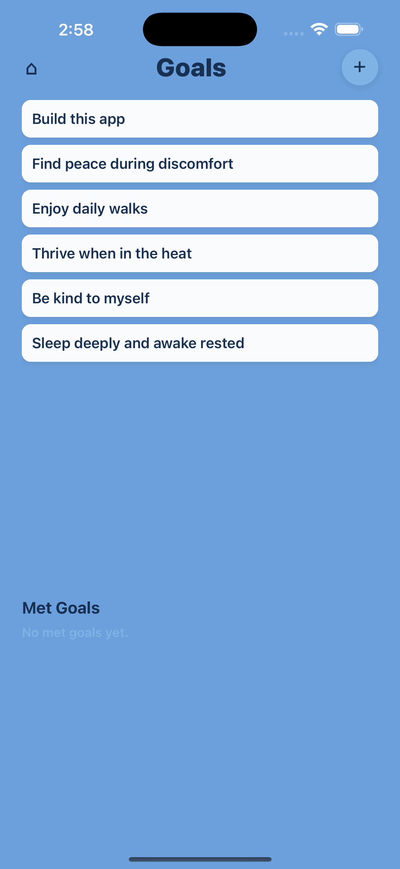 Goals screen showing objectives linked to wins.