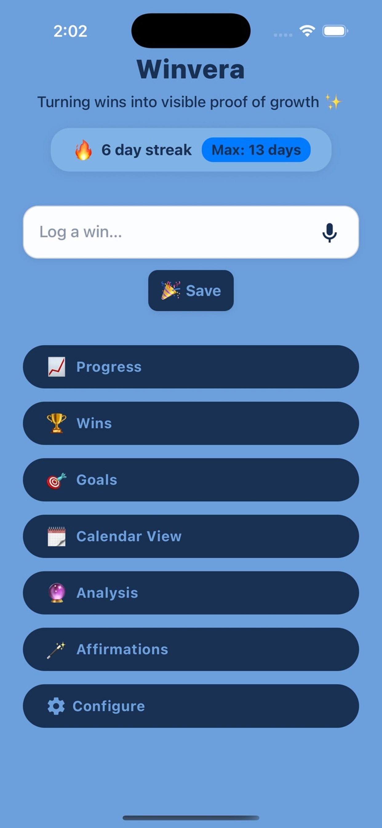 Winvera home dashboard showing a current streak card and quick navigation.