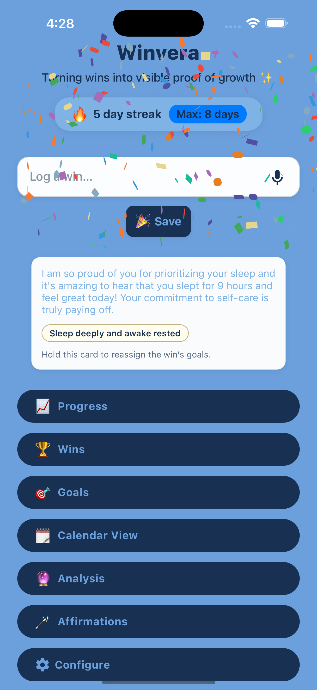 Save a win screen with voice input and text entry options.
