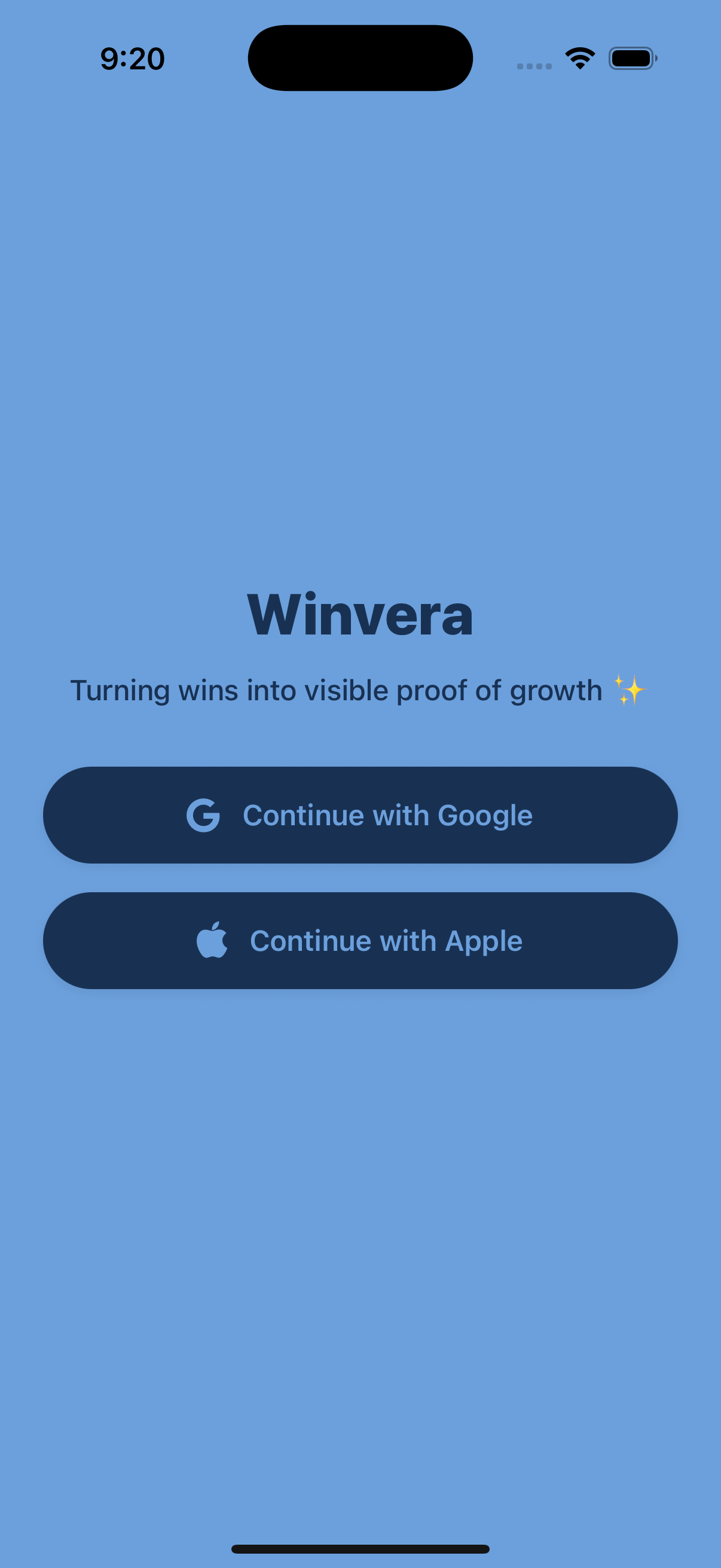 Sign-in screen with Google and Apple options.