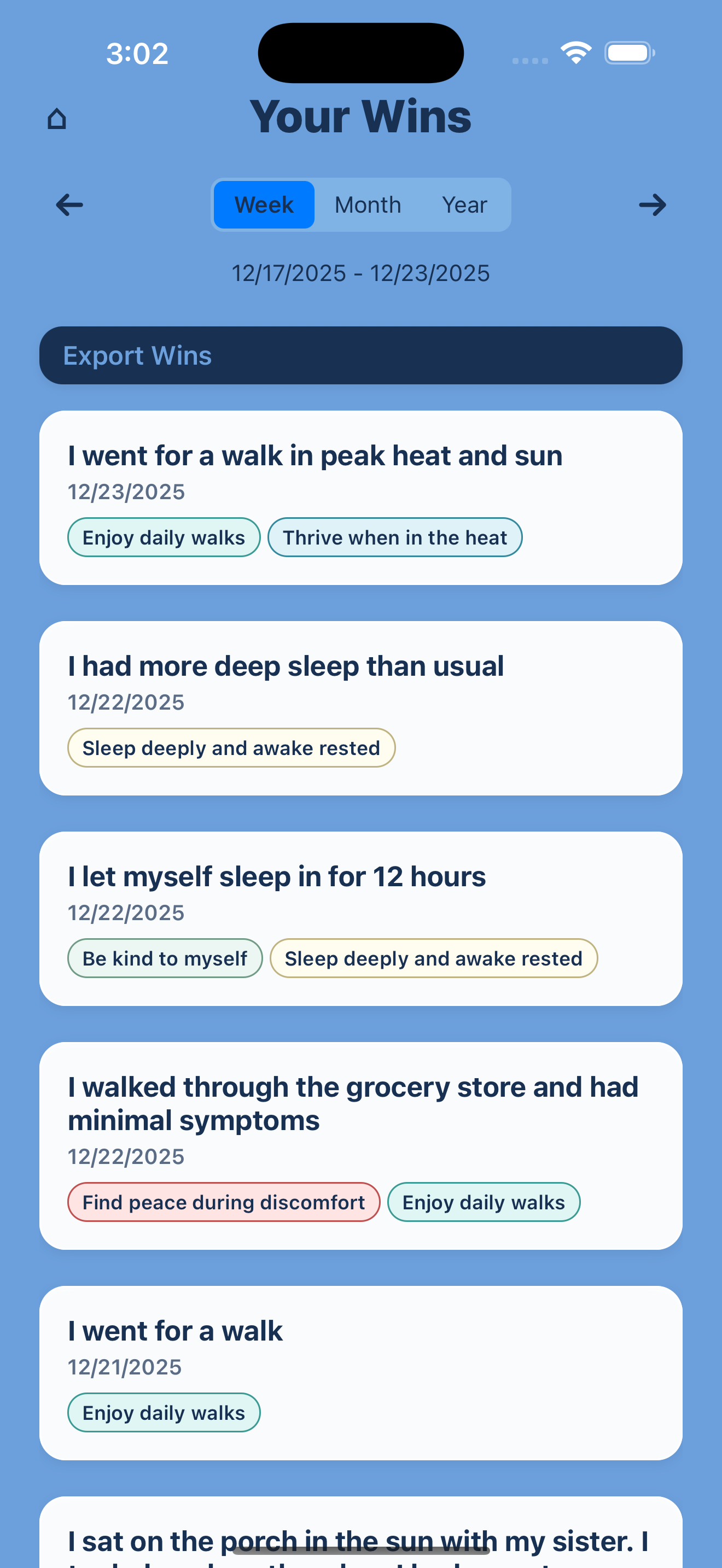 Wins list screen to browse and filter past wins.